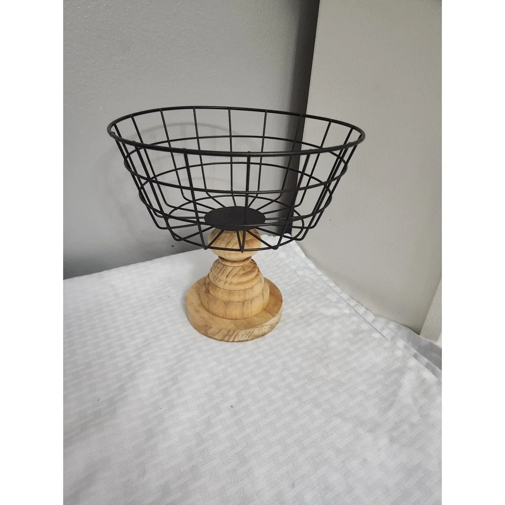 Modern Farmhouse Black Wire Basket with Natural Wood Pedestal Base Fruit Bowl